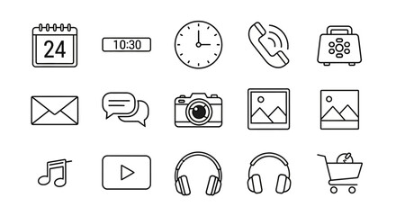 Fototapeta premium Line Icons Pack – Calendar, Time, Phone, Message, Camera, Media, Shopping