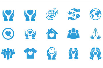 Vector art of collection of blue charity icons, depicting themes of love, care, global support, financial aid, community, and spiritual connection, symbolizing compassion and assistance