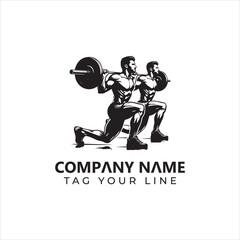 Two Muscular Men Performing Lunges with a Barbell Fitness Logo Design.