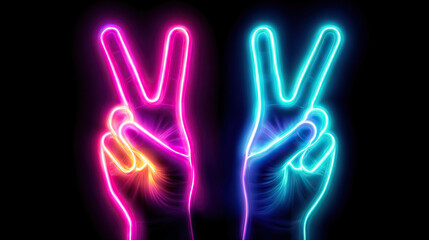 Neon Hands Showing Peace Sign