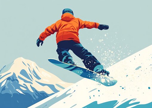 Snowboarder leaps over snowy slope