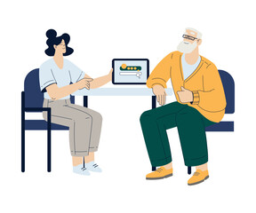 Old Man Character Learn Use Internet and Modern Gadget Vector Illustration