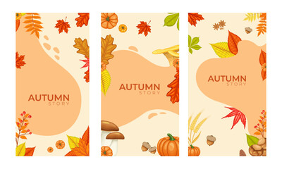 Set of abstract autumn backgrounds for social media stories. Colorful banners with autumn fallen leaves and yellowed foliage. Use for event invitation, discount voucher, advertising. Vector eps 10