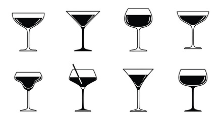 Black and white illustration depicting various types of wine and cocktail glasses