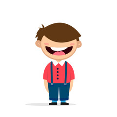 Funny abstract character guy with bangs and a wide smile in a red shirt and pants with suspenders