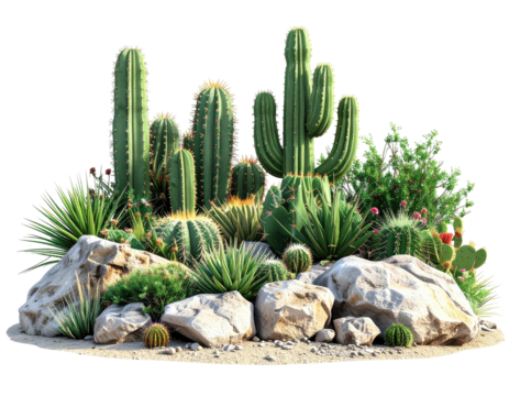 Desert landscape with various cacti and succulents on rocks