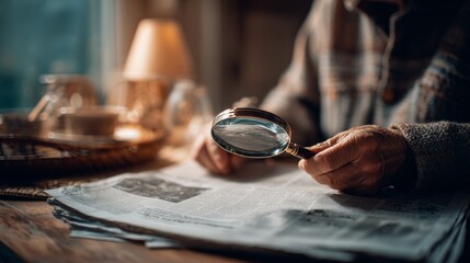Elderly person reading newspaper with magnifying glass
