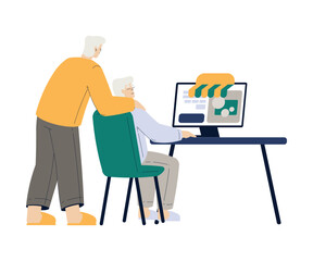 Old Man and Woman Character at Computer Use Internet and Modern Gadget Vector Illustration