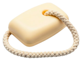 Bar of yellow soap hanging from a braided natural fiber rope on a transparent background