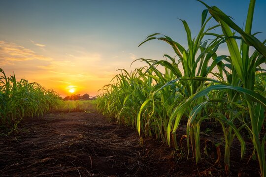 Beautiful cornfield at sunset with sunlight glowing over green plants and dark soil, agriculture and farming landscape for rural nature countryside design