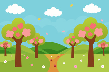 A simple cartoon of a spring orchard in bloom vector illustration
