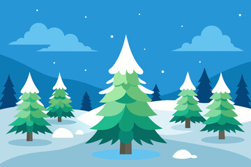 Obraz premium A serene cartoon scene of a snowy pine forest vector illustration