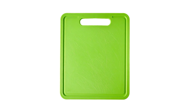 A vibrant green rectangular cutting board with a handle on a plain black background