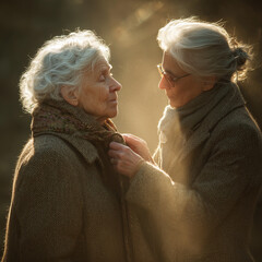  Woman Helping Elderly Parent Into Warm Coat Outdoors Showing Care and Support