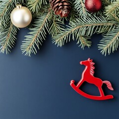 Festive Chinese New Year background with pine branches, ornaments, and a rocking horse decoration