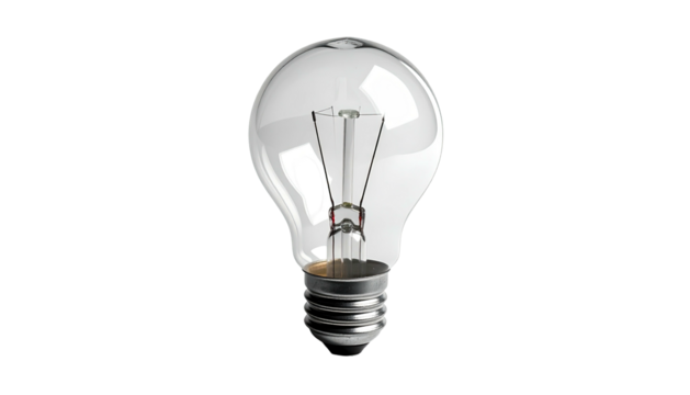 Clear, transparent lightbulb with a glowing filament, set against a black background