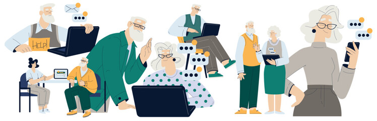 Old People Character Use Internet and Modern Gadget Vector Set