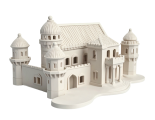 A detailed, cream-colored, miniature fantasy castle model on a black background