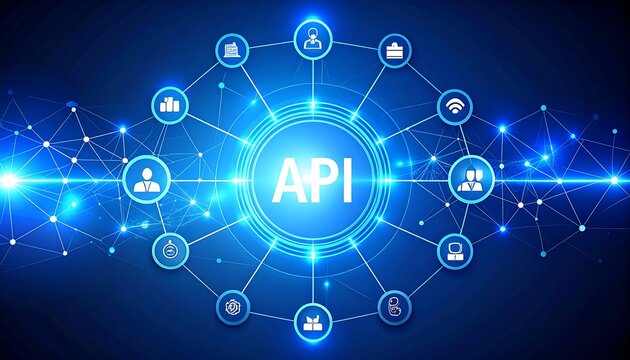 A digital illustration of interconnected icons representing data flow and user interface on a glowing blue background. Central text states API