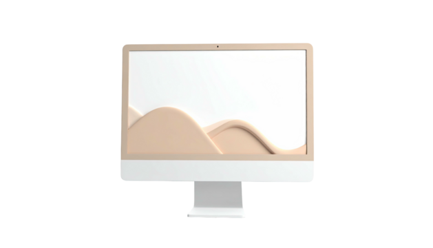 A desktop computer featuring an abstract, layered, wavy pattern on the screen