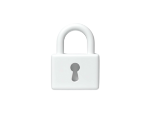 A white, 3D-rendered padlock with a keyhole, set against a black background