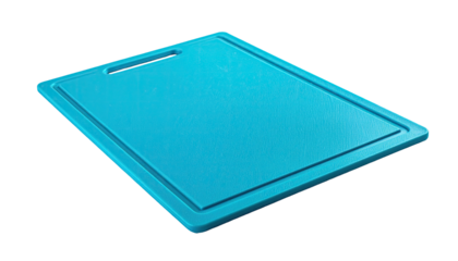 A rectangular cyan cutting board with a built-in handle, angled against black background