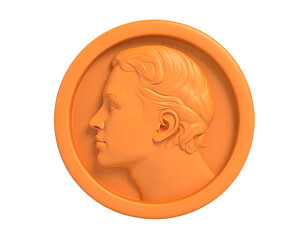 Bronze-toned circular bas-relief portrait of a person in profile on black background
