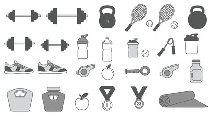 Obraz premium Fitness equipment sports accessories and healthy lifestyle elements in monochrome