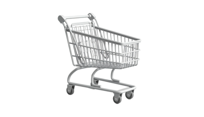 A detailed image of a monochrome shopping cart isolated on a black background