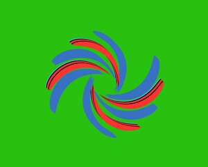 This image features a dynamic abstract design with a spiral or swirl pattern composed of curved shapes in blue and red. The shapes are arranged radially, creating ad