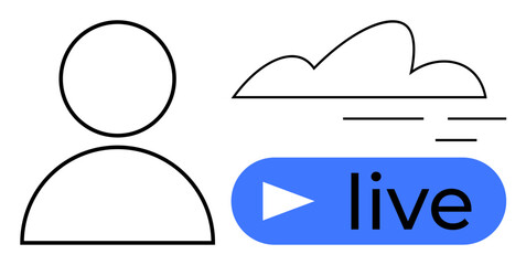 User profile icon, cloud symbolizing digital storage or connectivity, and a blue play button labeled live. Ideal for streaming, digital media, online events, communication, broadcasting