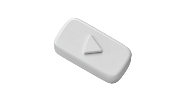 White 3D geometric shape with a play button icon on a dark background