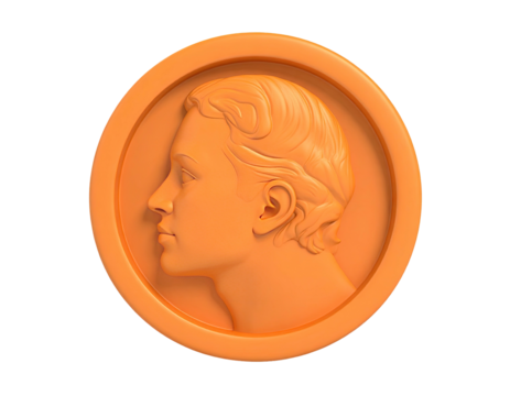 Bronze-toned circular bas-relief portrait of a person in profile on black background - Powered by Adobe