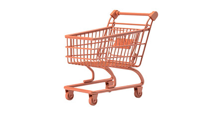A coral-colored empty shopping cart isolated against a stark black background