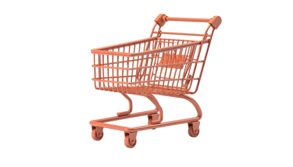 A coral-colored empty shopping cart isolated against a stark black background