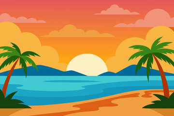 Obraz premium A serene cartoon scene of a tropical beach sunset with waves vector illustration