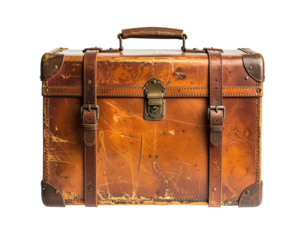 Aged, tan leather suitcase with brass hardware and leather straps