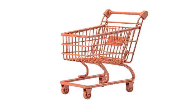 A coral-colored empty shopping cart isolated against a stark black background