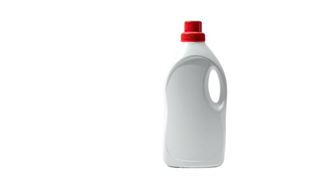 White plastic container with a red cap, a handle, and a curved spout