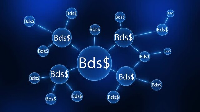 Network of interconnected nodes displaying the currency symbol Bds$ on a dark blue gradient background