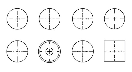 Collection of simple black crosshair and geometric shapes on white background