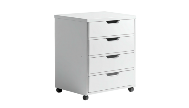 White, modern four-drawer cabinet on wheels; minimalist design for office or home