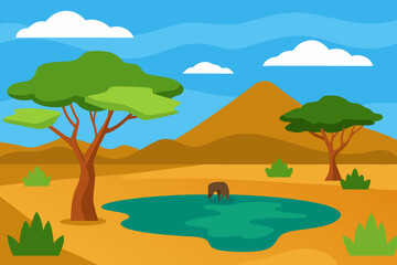 Obraz premium A cartoon illustration of a savanna with a watering hole vector illustration