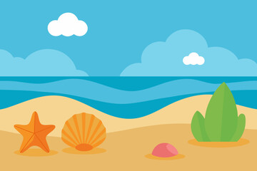 A cartoon illustration of a seashore with seashells vector illustration