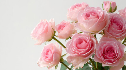 Elegant display of pink roses arranged against a bright white background, styled in a minimalist fashion