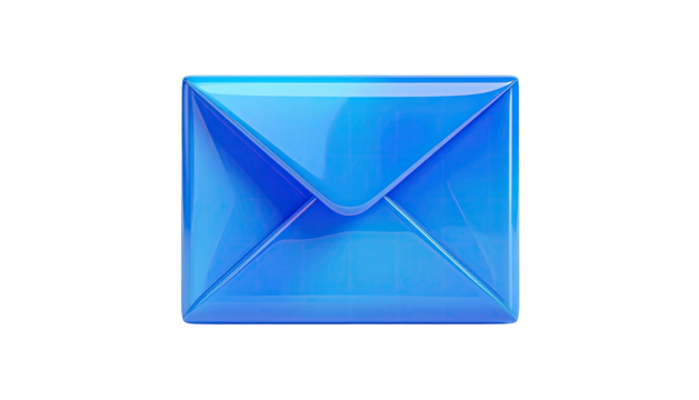 A glossy, 3D-rendered blue envelope isolated against a stark black background