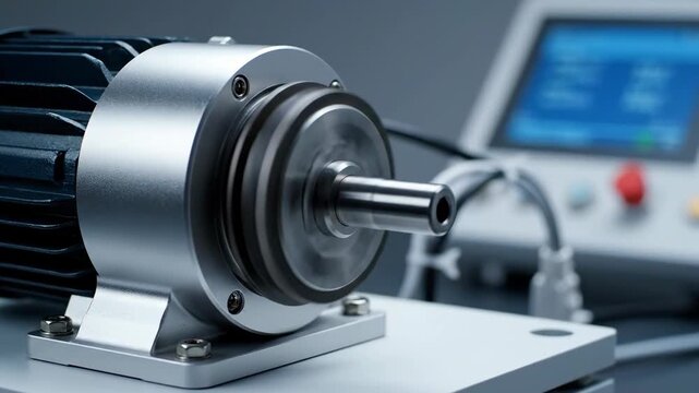 Electric motor spinning on test bench with control panel in background  