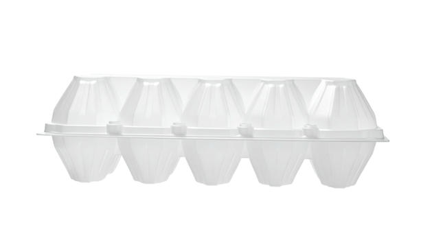 Empty white plastic egg carton against a stark black background, with lid closed