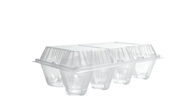 Clear plastic egg carton, six sections visible, against a stark black background
