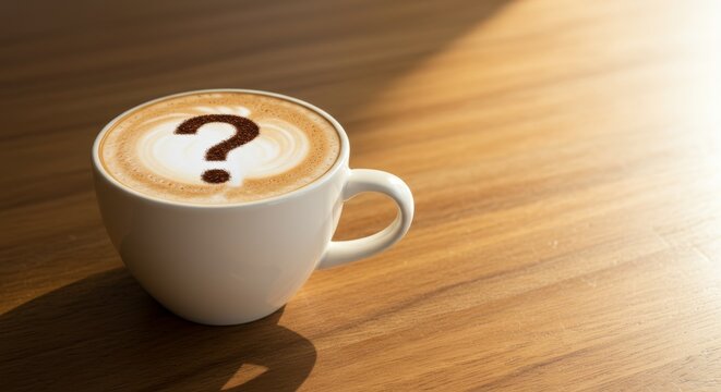 Cappuccino with question mark on foam in sunlit coffee shop setting